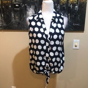 INC International Concepts Button Front Tie Waist Blue and White Polka Dot Top-L
